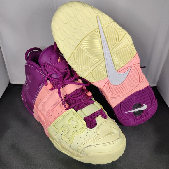 nike uptempo yellow pink purple
